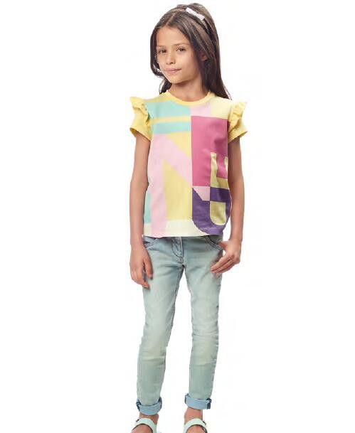Girls Multicolour Cotton T-Shirt With Yellow Frilly Cuffs - CÉMAROSE | Children's Fashion Store - 2