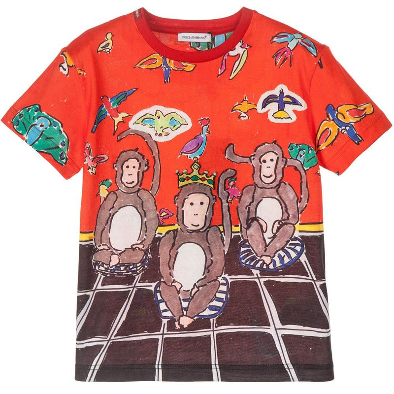 Boys Red&Black Monkey Printed Cotton Jersey T-Shirt - CÉMAROSE | Children's Fashion Store - 1
