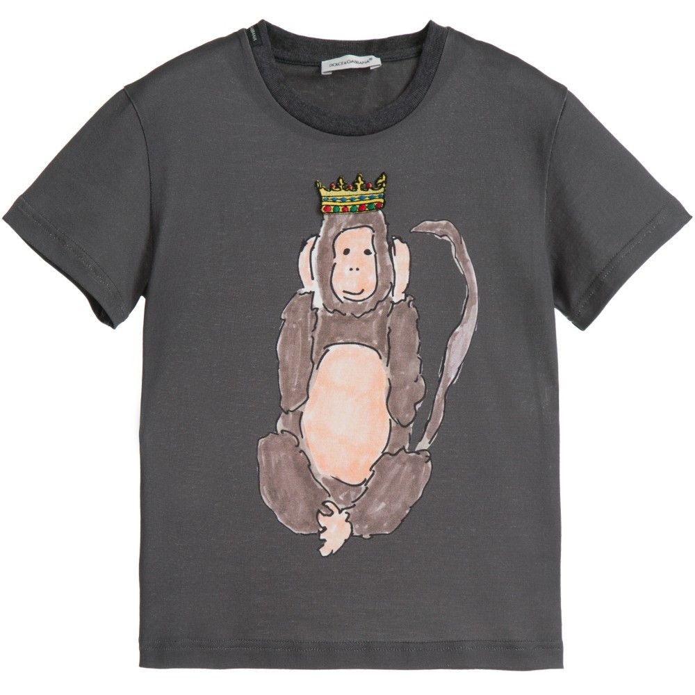 Boys Grey Monkey Printed Cotton Jersey T-Shirt - CÉMAROSE | Children's Fashion Store - 1