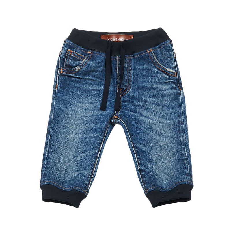 Baby Boys Navy Blue Denim Jersey Jeans With Ribbed Cuffs - CÉMAROSE | Children's Fashion Store - 1