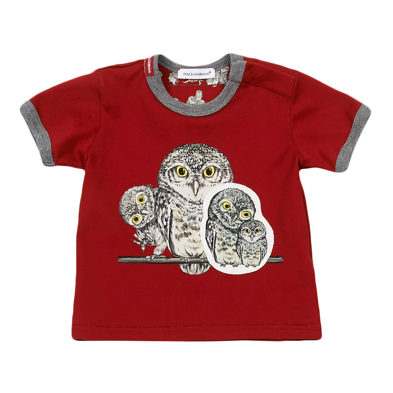 Baby Boys Red Owls Printed Cotton T-Shirt With Grey Cuffs - CÉMAROSE | Children's Fashion Store - 1