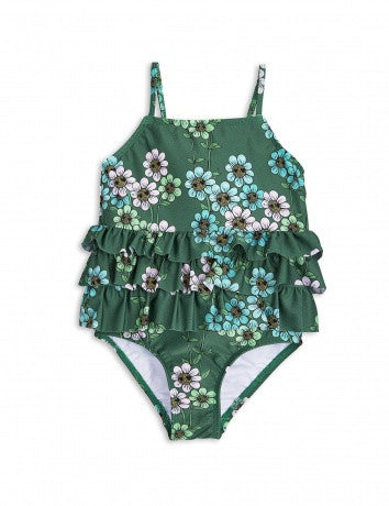 Girls Dark Green Flowers Printed Swimsuit