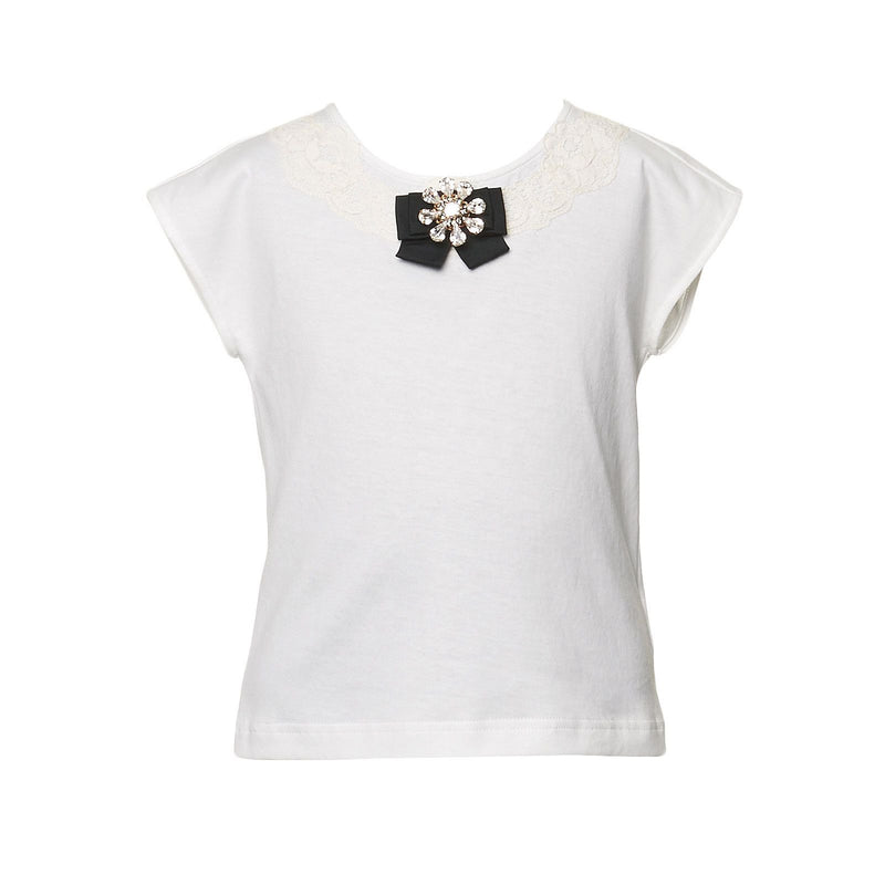 Girls White Cotton T-Shirt With Black Bow Trims - CÉMAROSE | Children's Fashion Store - 1