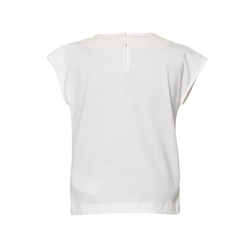 Girls White Cotton T-Shirt With Black Bow Trims - CÉMAROSE | Children's Fashion Store - 2