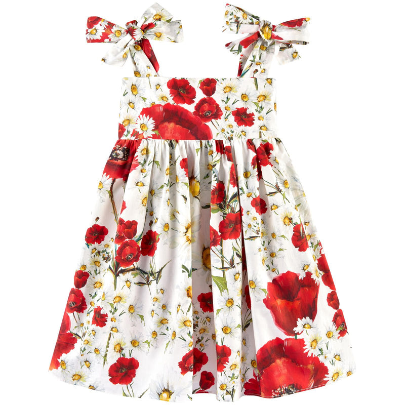 Girls White Cotton Flower Printed Dress With Bow Straps - CÉMAROSE | Children's Fashion Store - 1