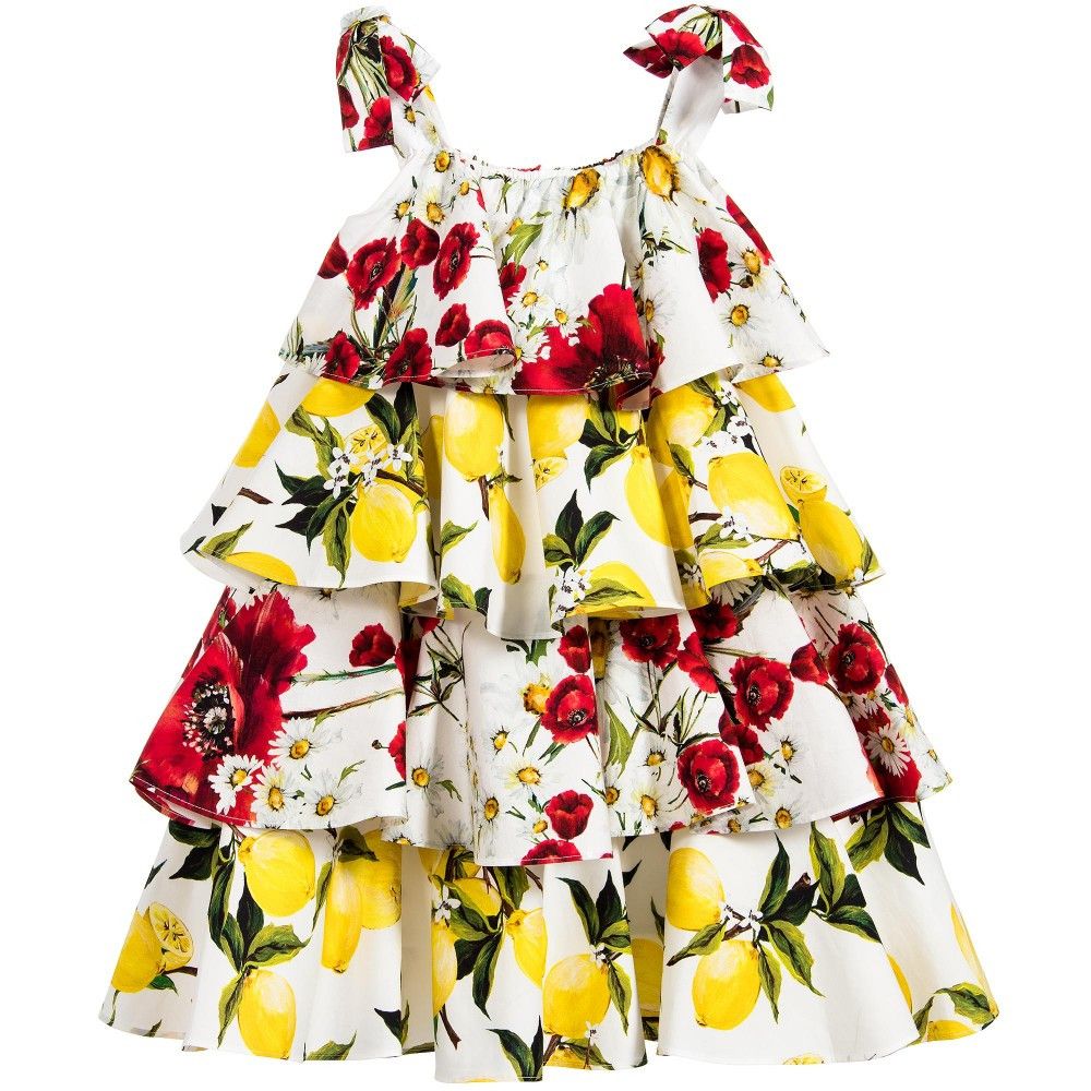 Girls White Cotton Flower&Lemons Printed Ruffled Dress - CÉMAROSE | Children's Fashion Store - 2