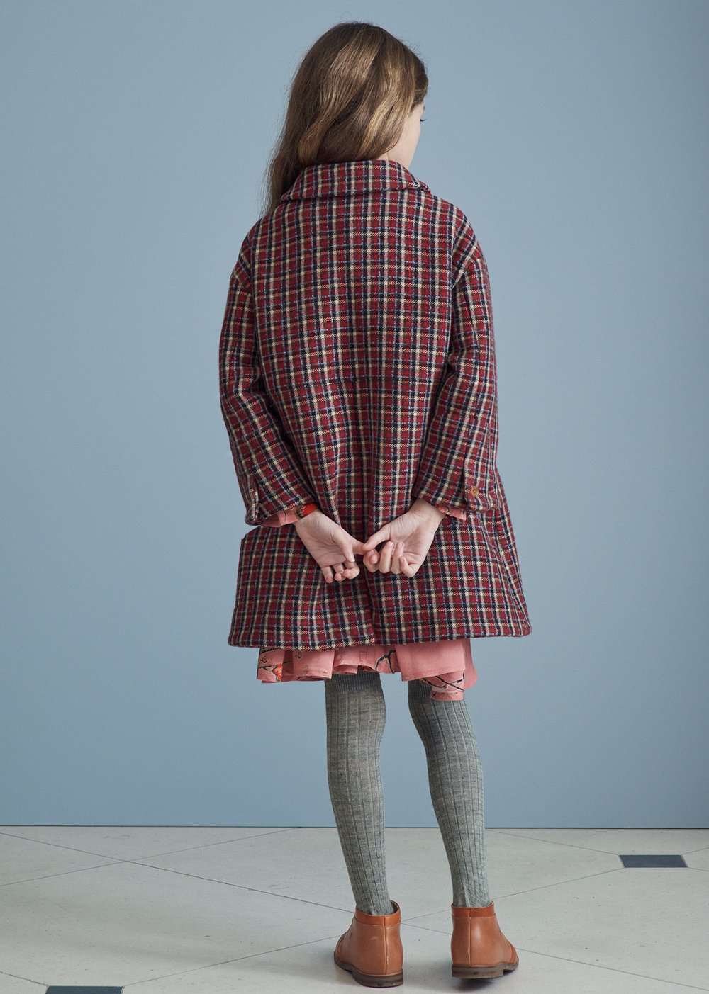 Girls Red Check Wool Coat