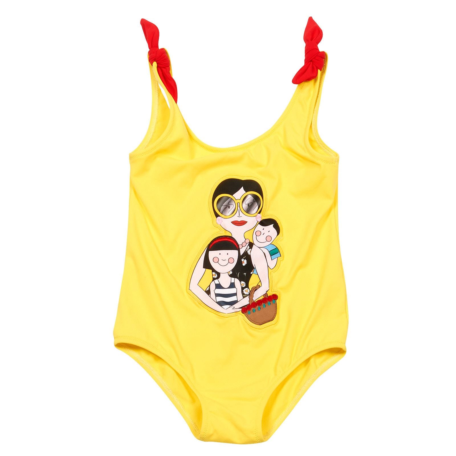 Girls Yellow Cartoon Printed Bow Straps Swimsuit - CÉMAROSE | Children's Fashion Store - 1