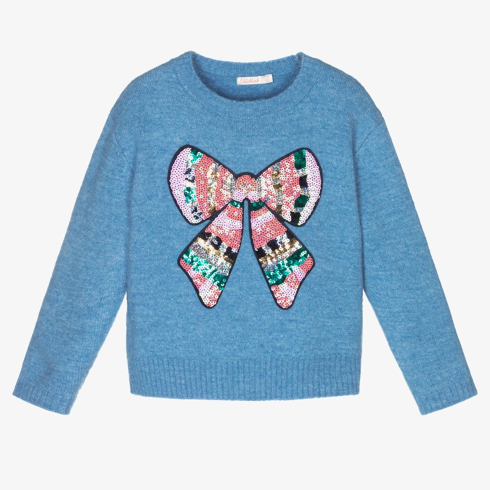 Girls Blue Bow Sequin Sweater