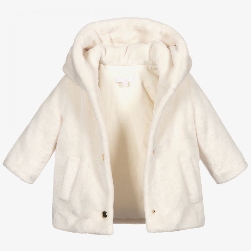 Baby Girls Ivory Faux Fur Hooded Coat