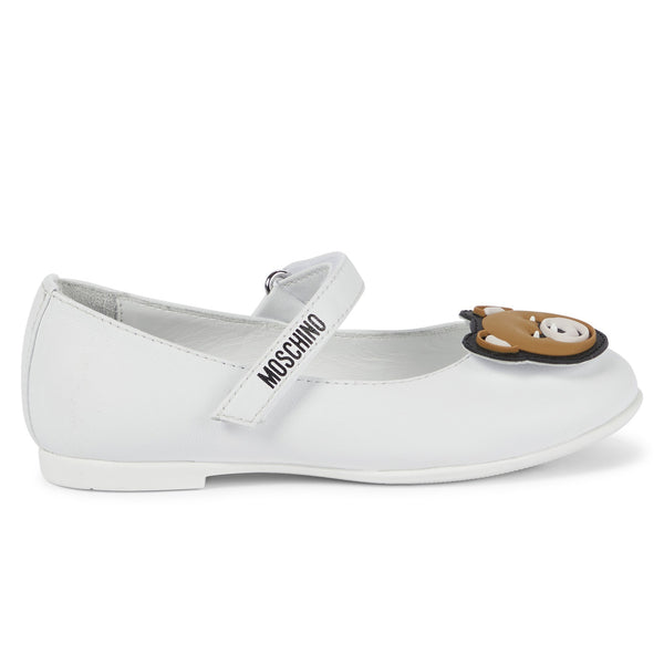 Girls White Teddy Bear Leather Shoes