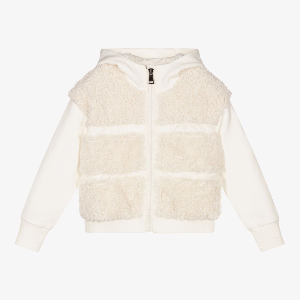 Girls White Hooded Zip-Up Top