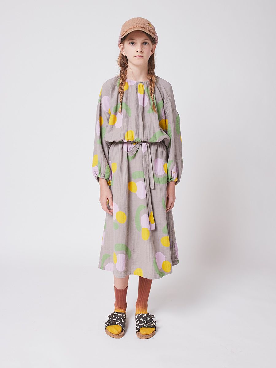 Girls Grey Fruits Printed Cotton Dress