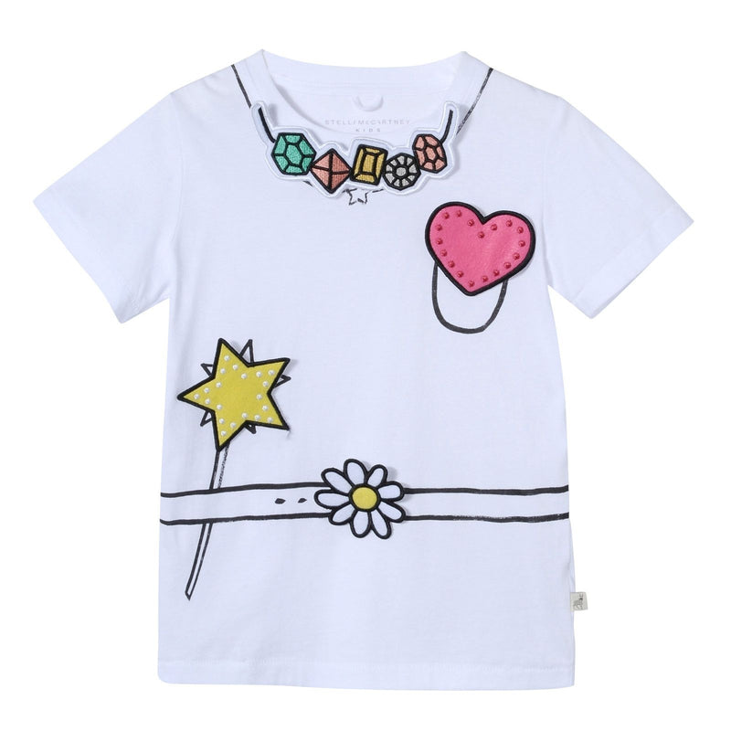 Girls White Embroidered Patch Trims Cotton T-Shirt - CÉMAROSE | Children's Fashion Store - 1