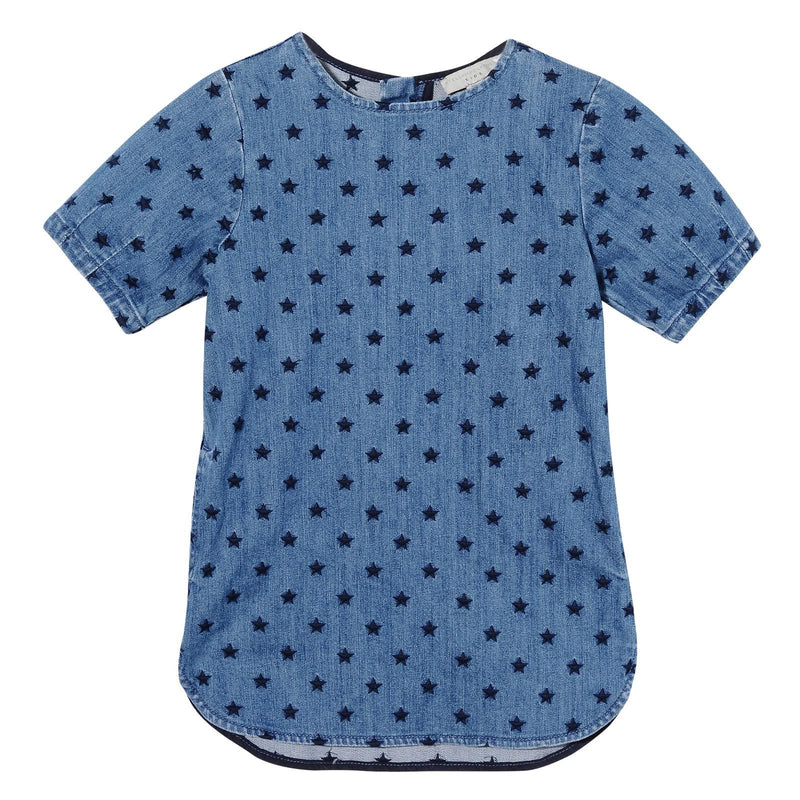 Girls Blue All Over Star Embroidered Denim Bess Dress - CÉMAROSE | Children's Fashion Store - 1