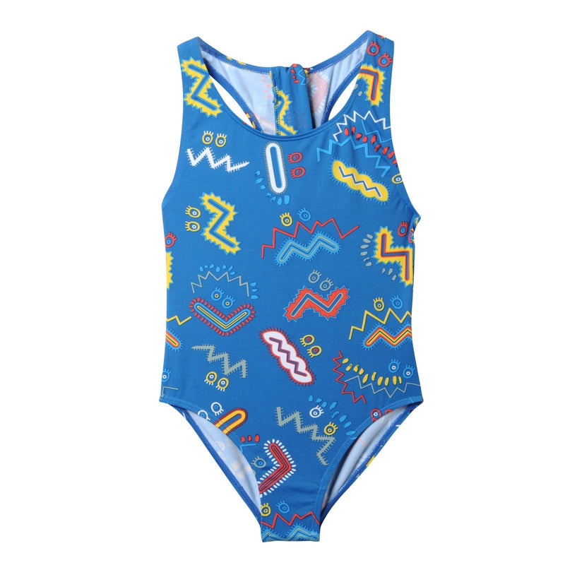 Girls Bright Blue Zig Zag Printed Swimsuit - CÉMAROSE | Children's Fashion Store - 1