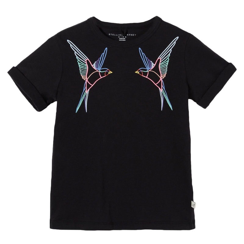 Girls Black Cotton Swallow Embroidered Trims T-Shirt - CÉMAROSE | Children's Fashion Store - 1