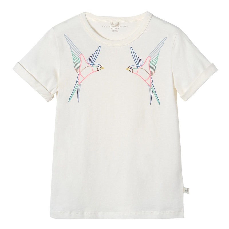 Girls White Cotton Swallow Embroidered Trims T-Shirt - CÉMAROSE | Children's Fashion Store - 1