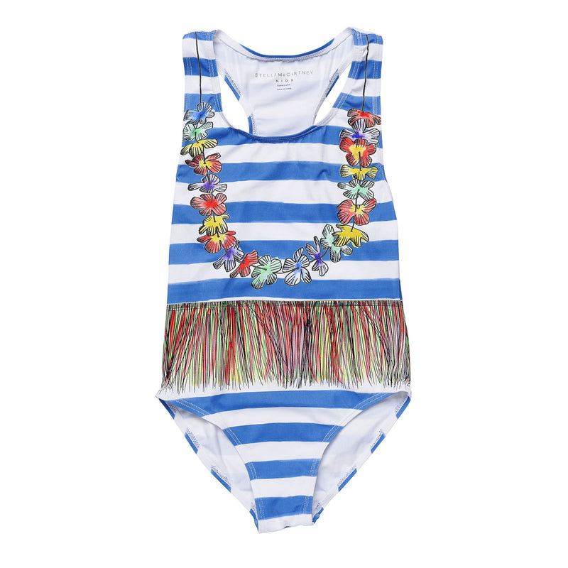 Girls Blue&White Striped Swimsuit With Floral Hula Print Trims - CÉMAROSE | Children's Fashion Store