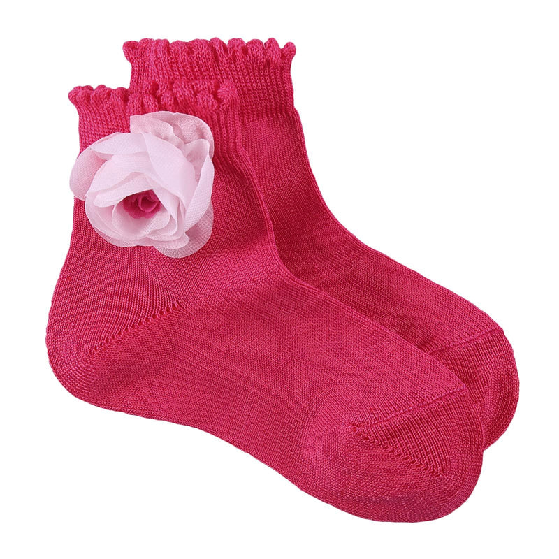 Girls Dark Red Patch Flower Cotton Short Socks - CÉMAROSE | Children's Fashion Store