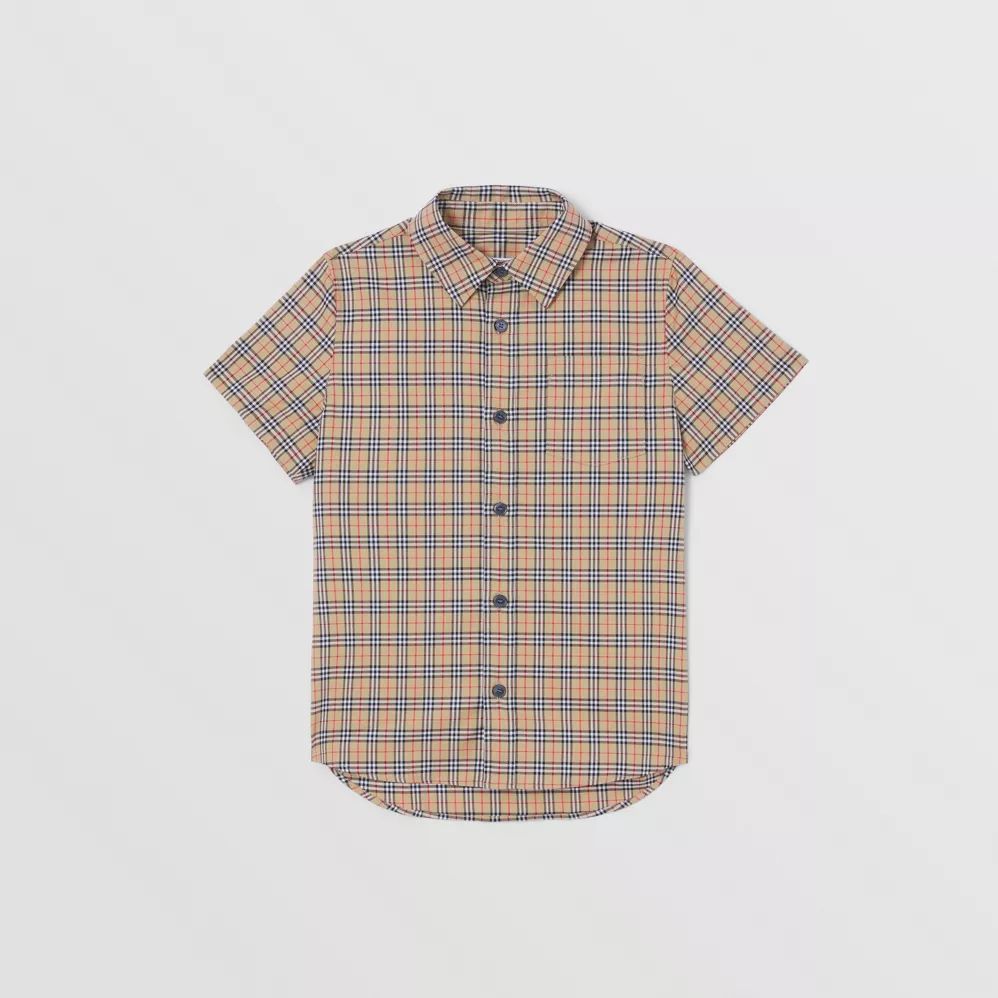 Boys Beige Check Cotton Short Sleeve Shirt