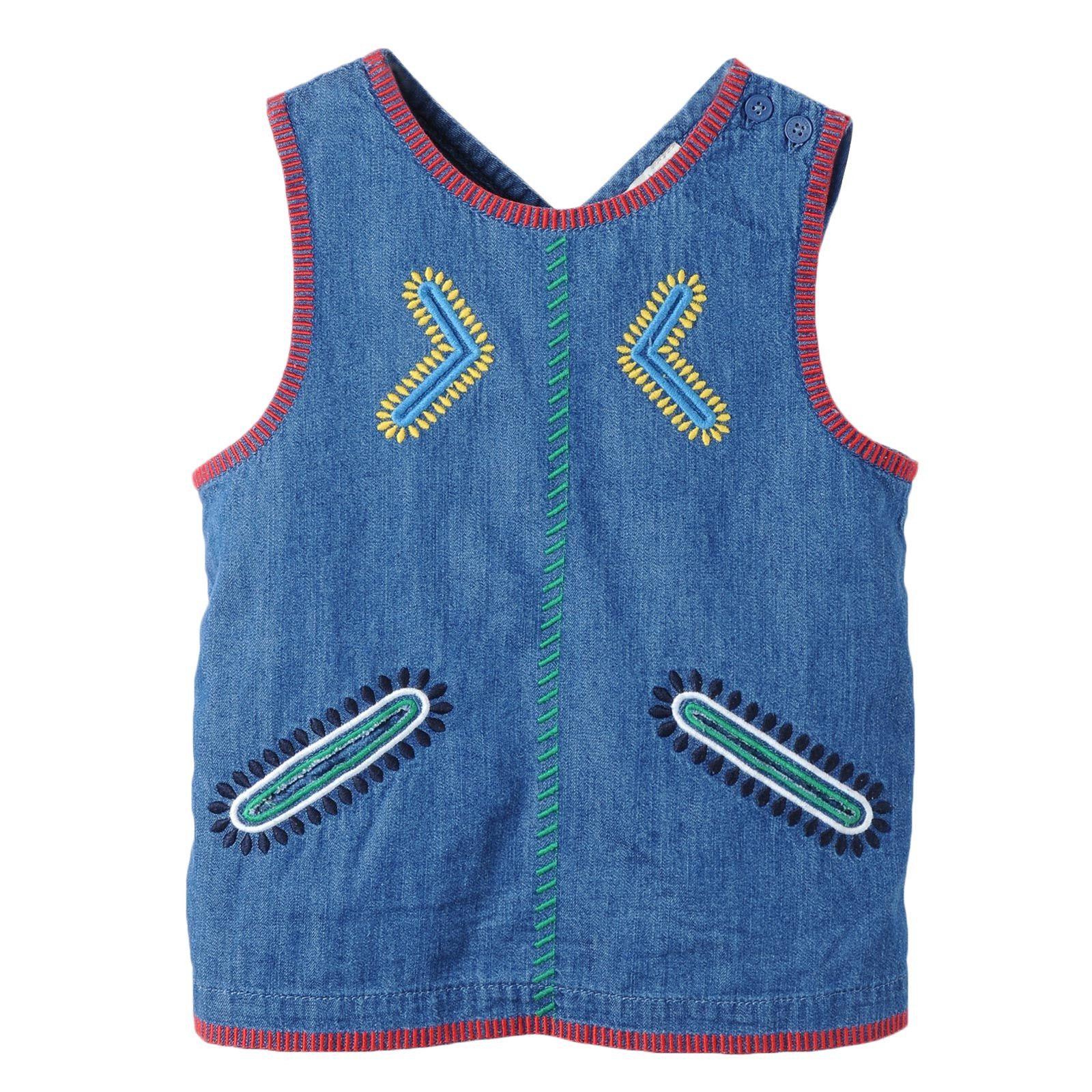 Girls Blue Cotton Denim Colorful Zig Zag Embroidered Trims Blouse - CÉMAROSE | Children's Fashion Store - 1