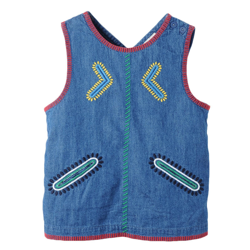 Girls Blue Cotton Denim Colorful Zig Zag Embroidered Trims Blouse - CÉMAROSE | Children's Fashion Store - 1