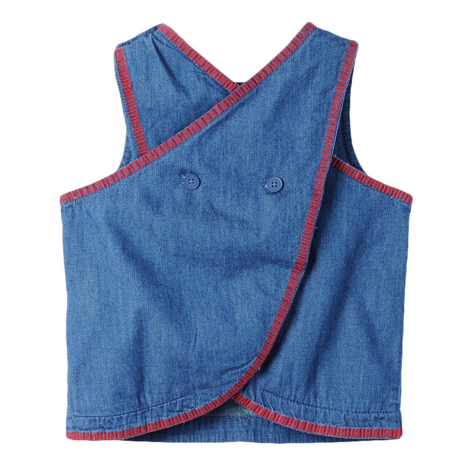 Girls Blue Cotton Denim Colorful Zig Zag Embroidered Trims Blouse - CÉMAROSE | Children's Fashion Store - 2