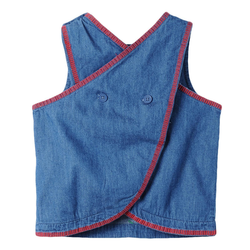 Girls Blue Cotton Denim Colorful Zig Zag Embroidered Trims Blouse - CÉMAROSE | Children's Fashion Store - 2