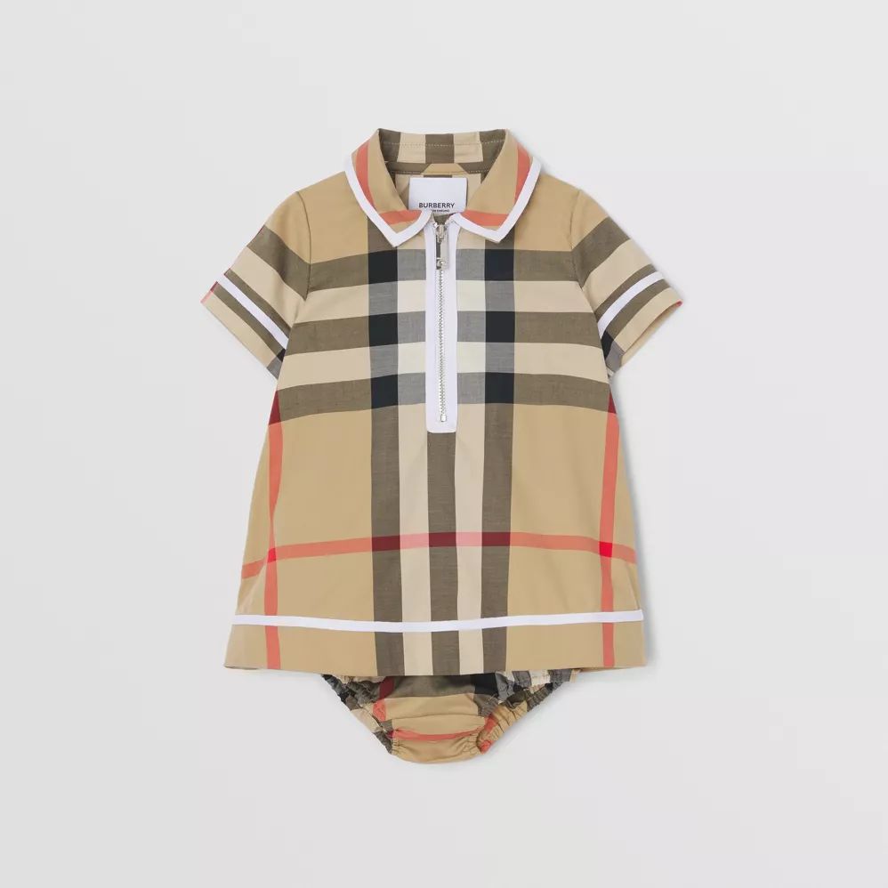Baby Girls Beige Check Cotton Dress Set