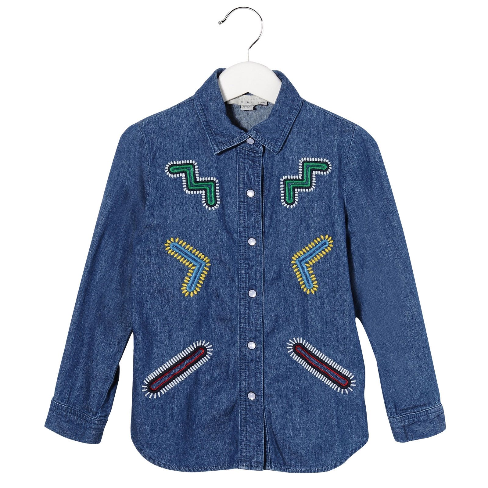 Girls Blue Cotton Denim Blouse With Colorful Zig Zag Embroidered Trims - CÉMAROSE | Children's Fashion Store - 1