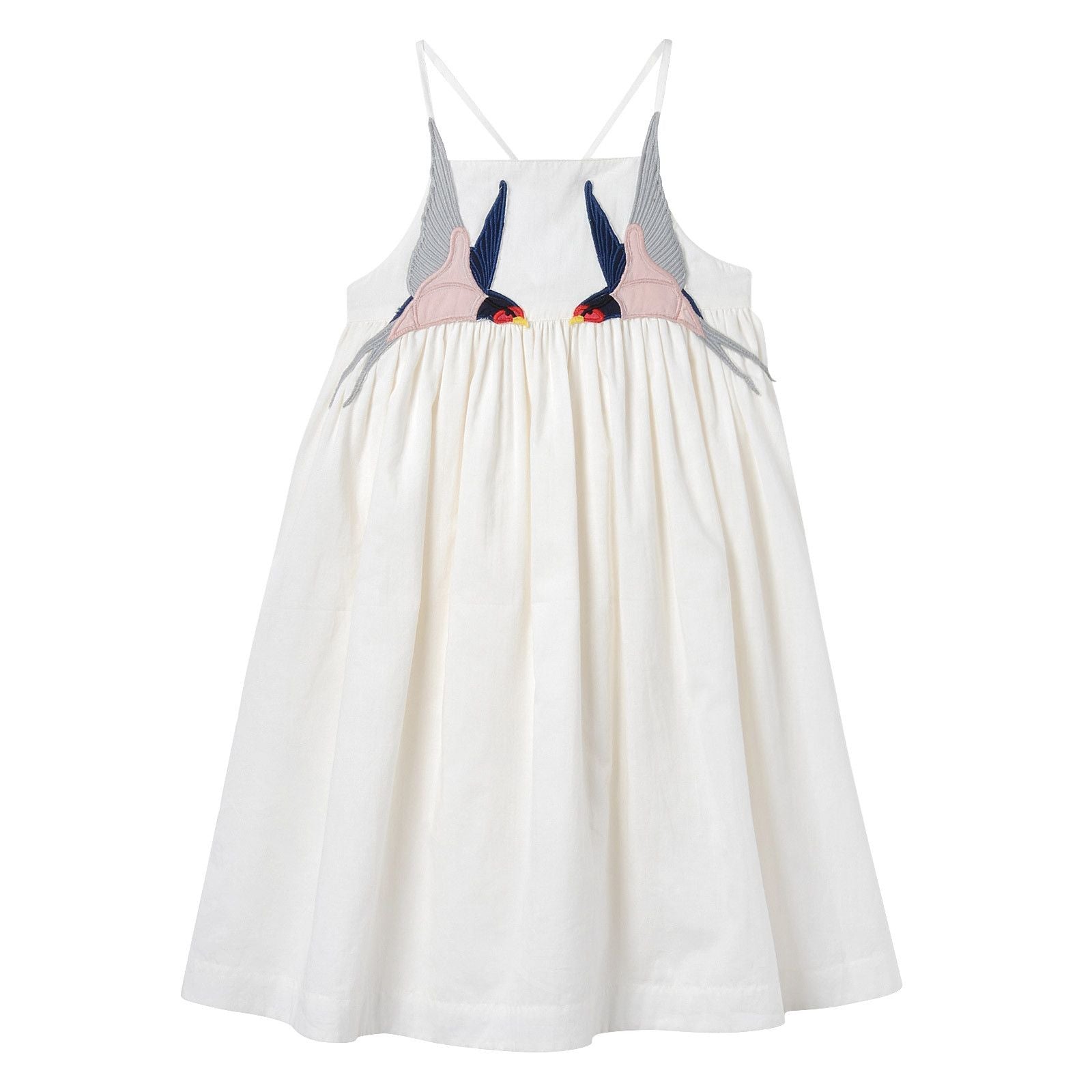 Girls White Cotton Woven Dress With Bird Embroidered Trims - CÉMAROSE | Children's Fashion Store - 1