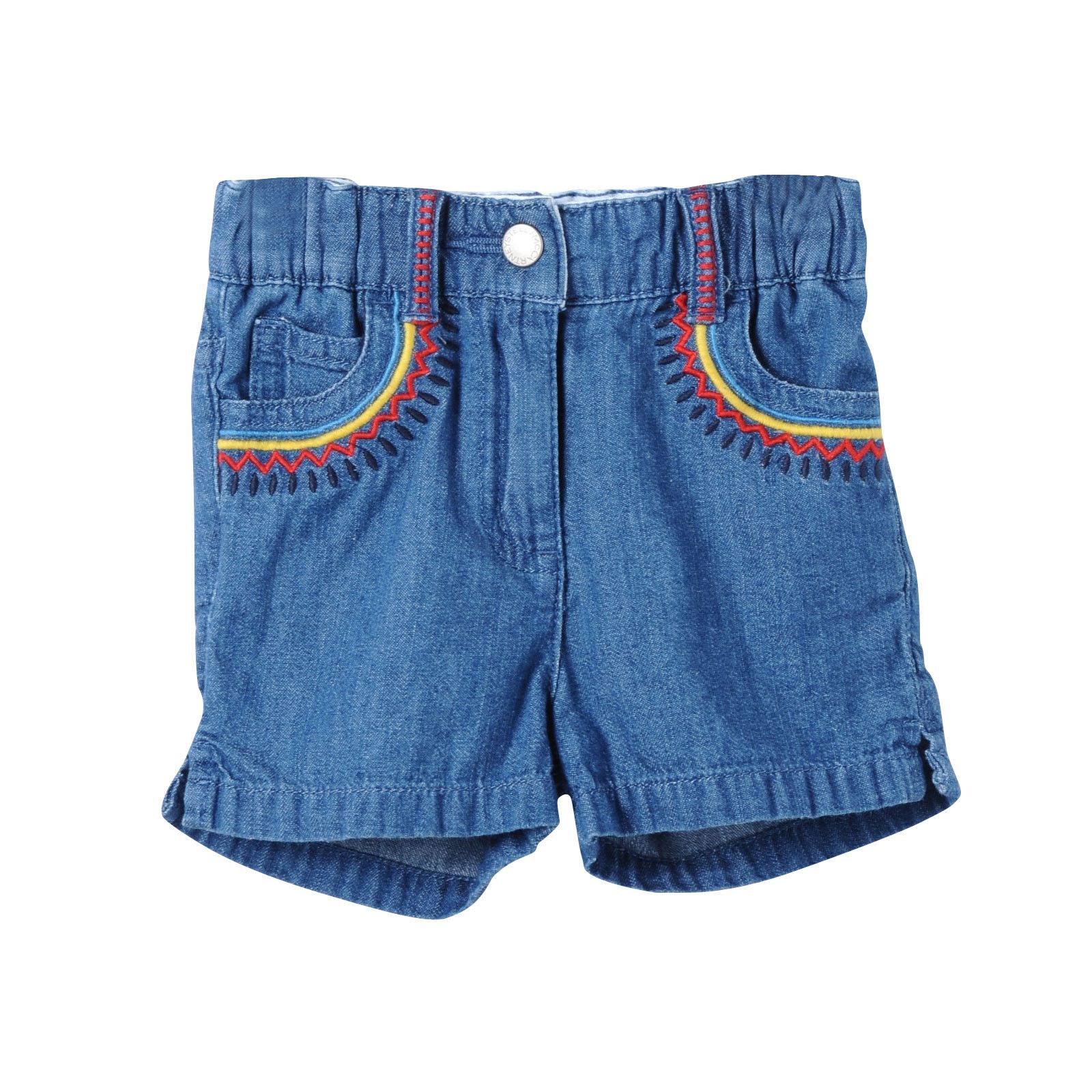 Girls Blue Shorts With Colorful Zig Zag Embroidered Trims - CÉMAROSE | Children's Fashion Store - 1