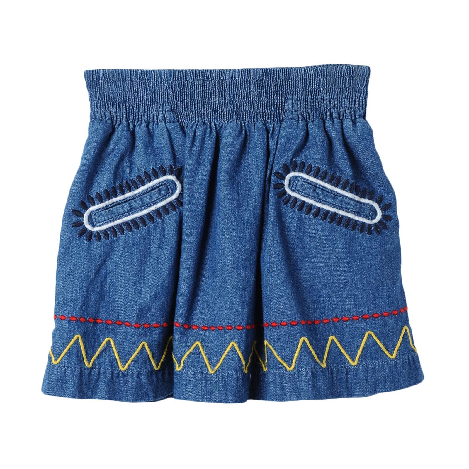 Girls Blue Denim Chambray Skirt With Colorful Zig Zag Embroidered Trims - CÉMAROSE | Children's Fashion Store - 1