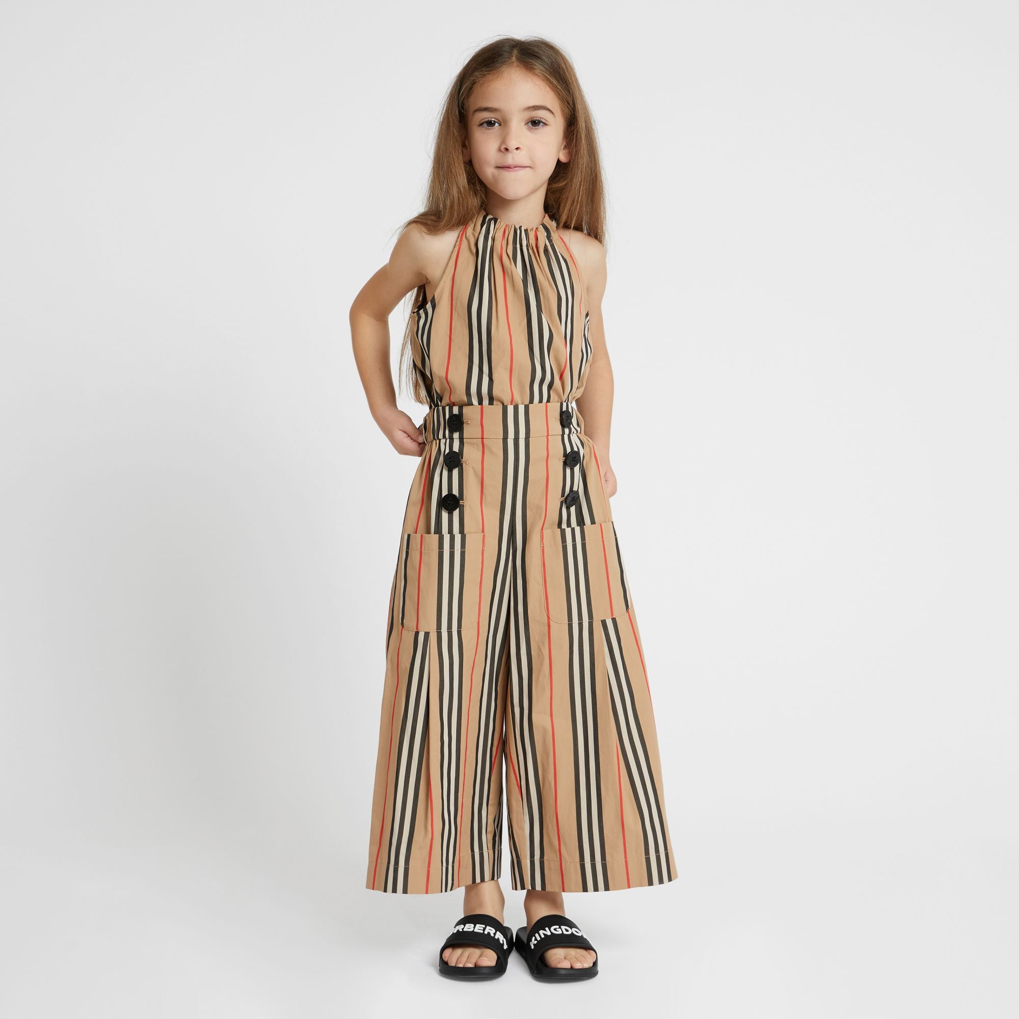Girls Archive Beige Stripes Cotton Trousers