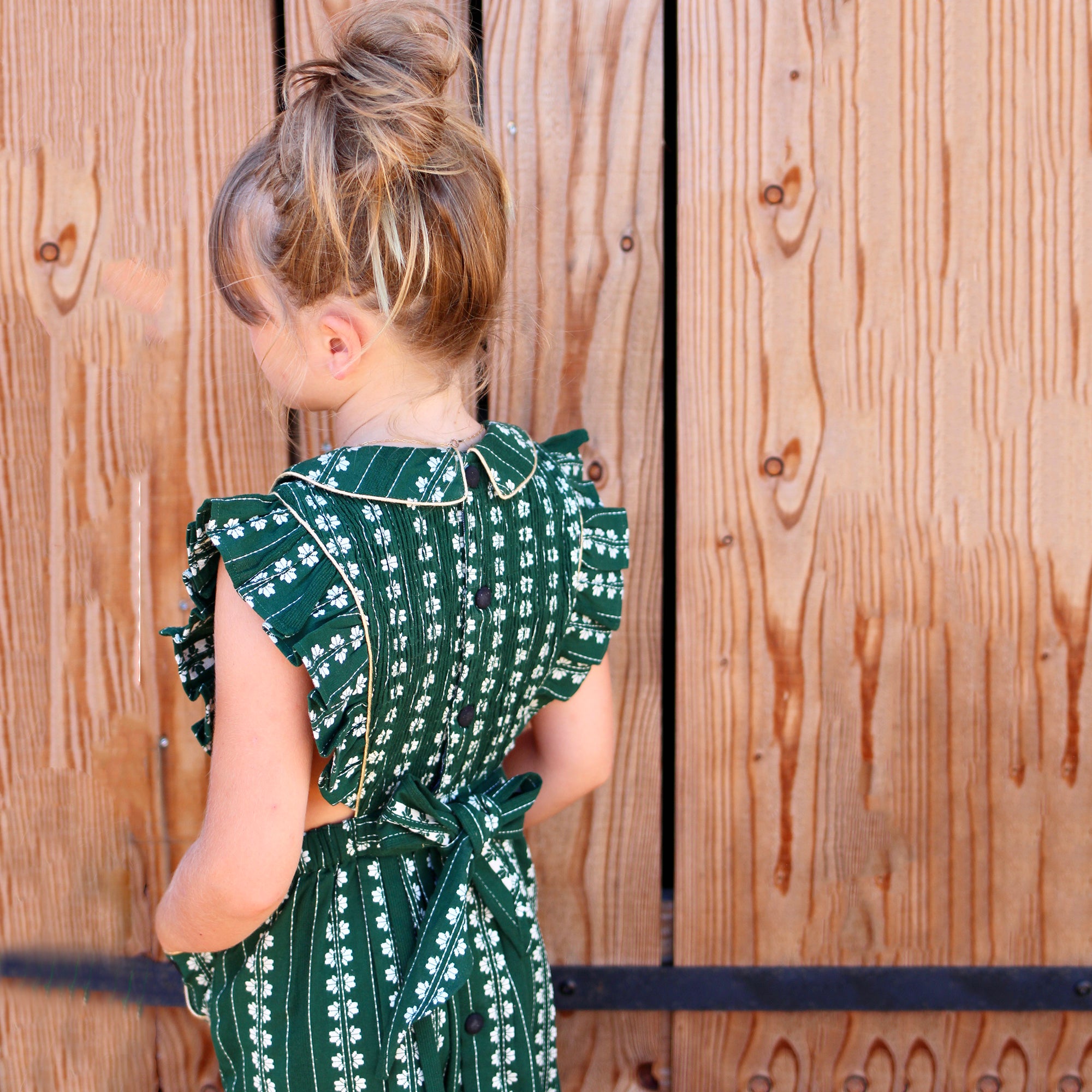 Girls Green Flowers Cotton Dress