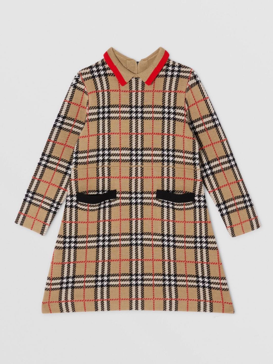 Girls Archive Beige Check Merino Wool Dress