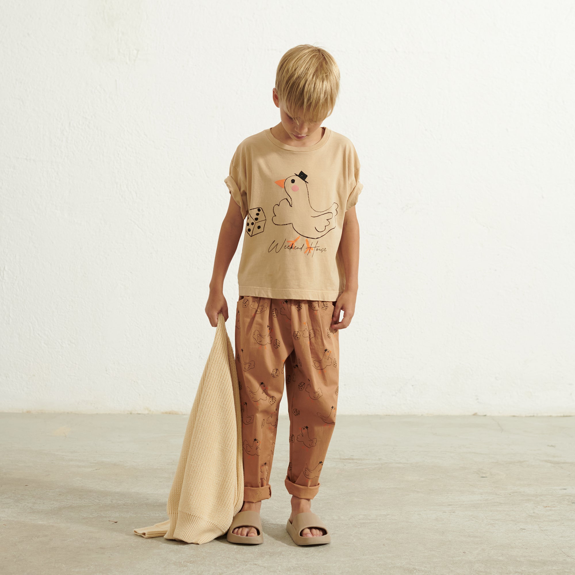 Boys & Girls Beige Printed Cotton T-Shirt
