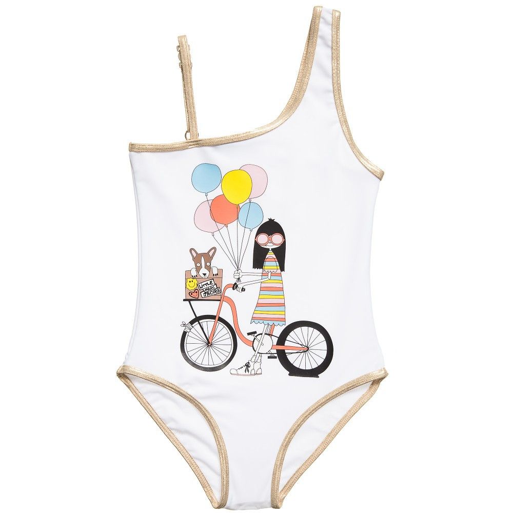 Girls White 'Mrs Marc' Printed Asymmetrical Straps Swimsuit - CÉMAROSE | Children's Fashion Store - 1