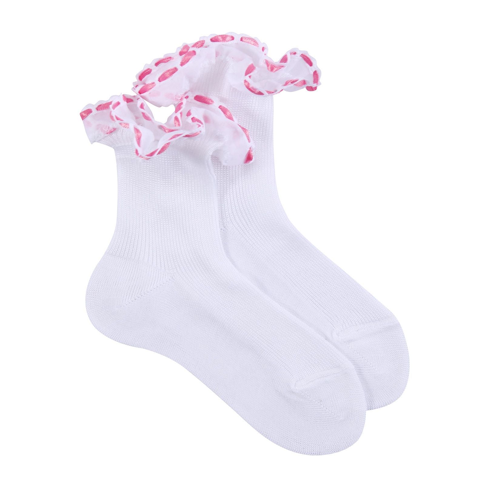 Girls White Cotton Short Socks With Pink Strap Ankle - CÉMAROSE | Children's Fashion Store