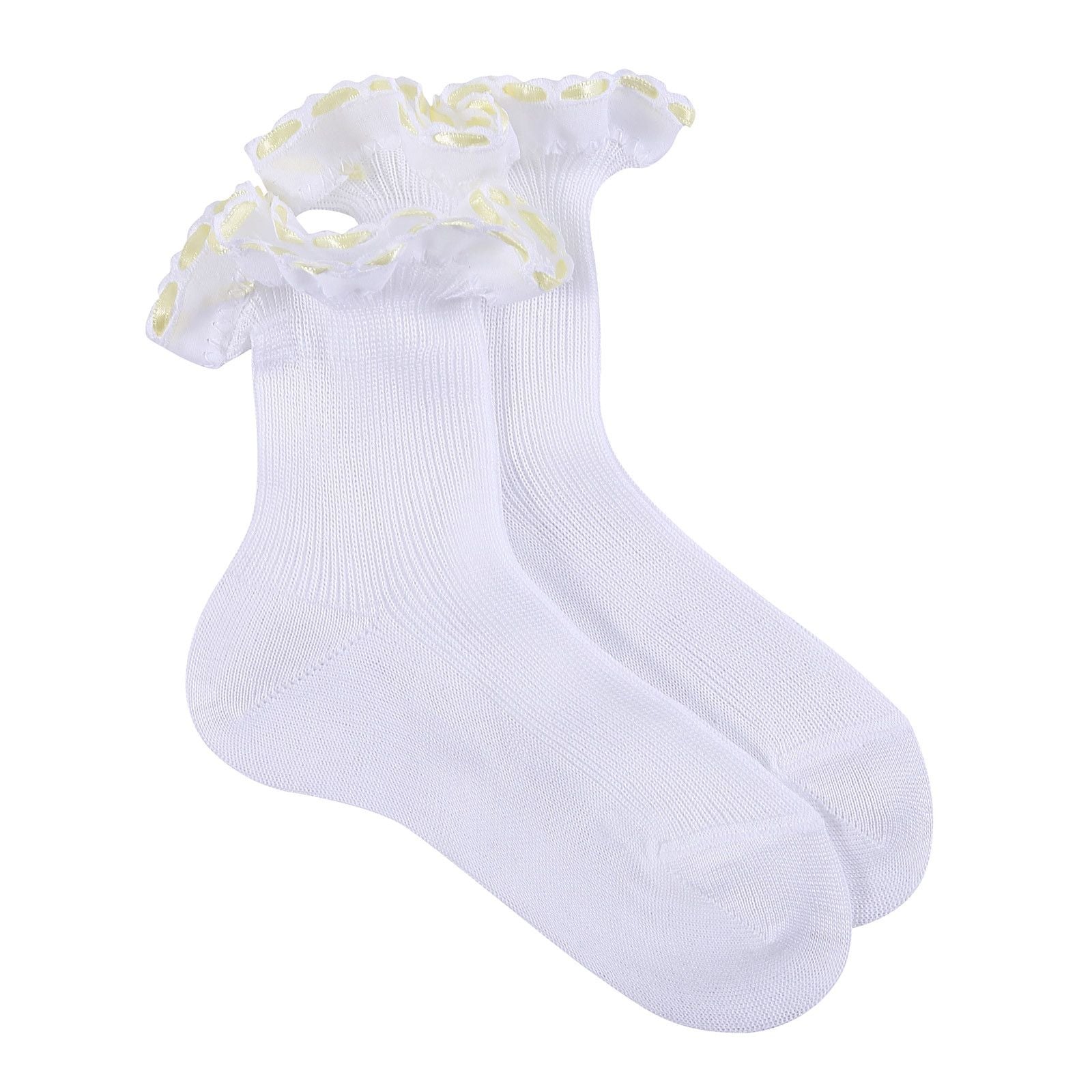 Girls White Cotton Short Socks With Yellow Strap Ankle - CÉMAROSE | Children's Fashion Store