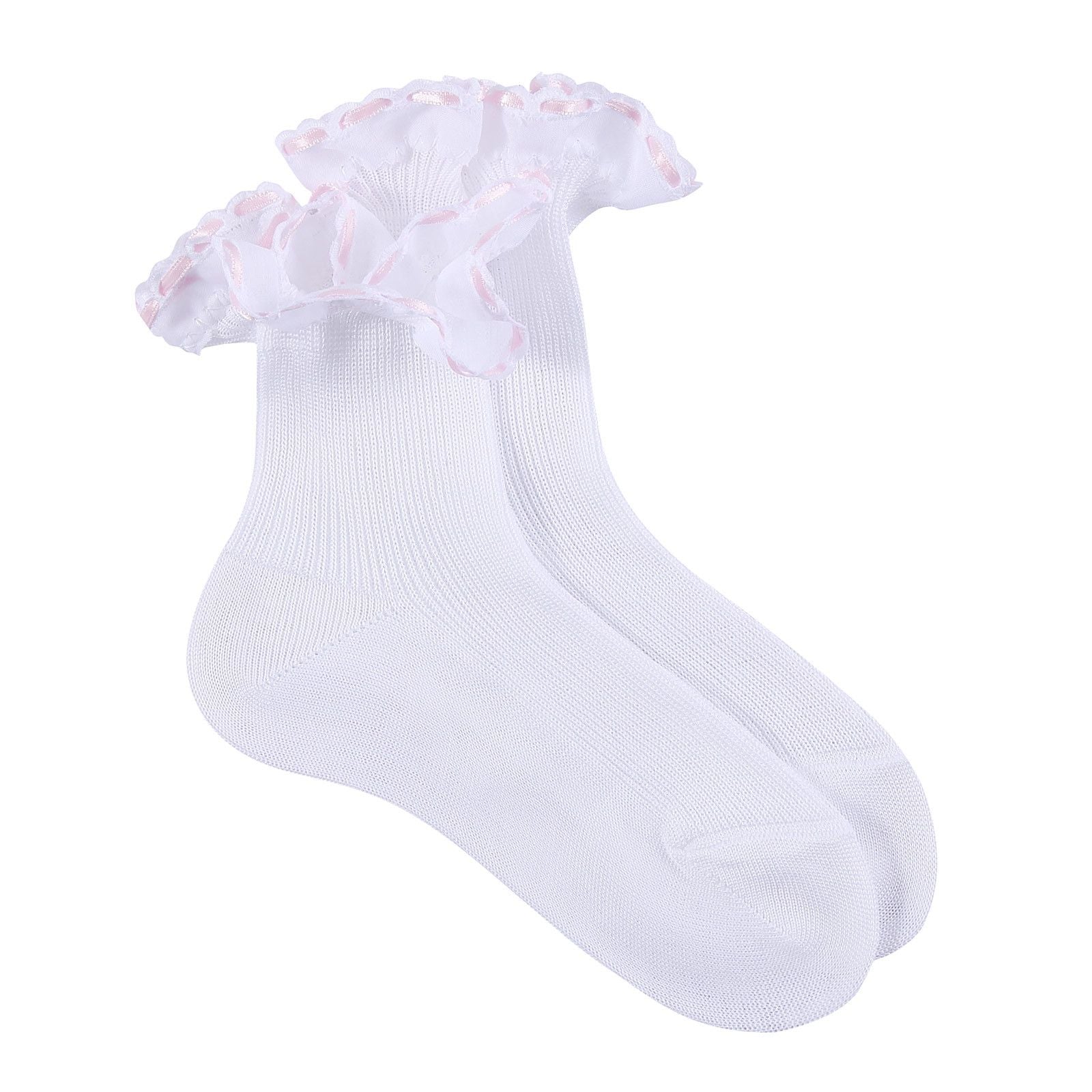 Girls White Cotton Short Socks With Light Pink Strap Ankle - CÉMAROSE | Children's Fashion Store