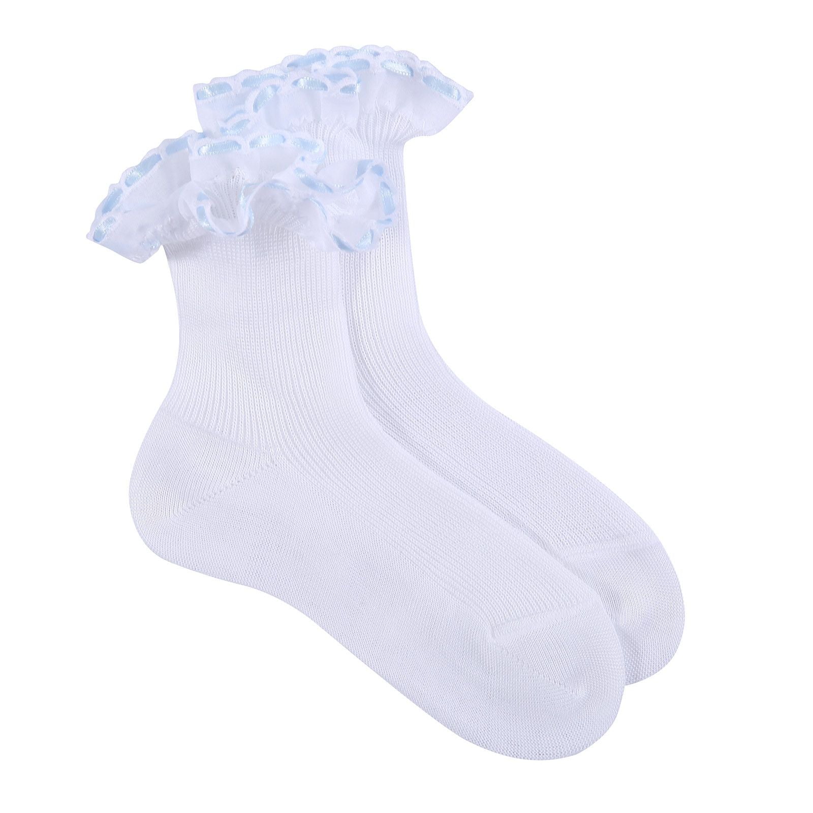 Girls White Cotton Short Socks With Light Blue Strap Ankle - CÉMAROSE | Children's Fashion Store