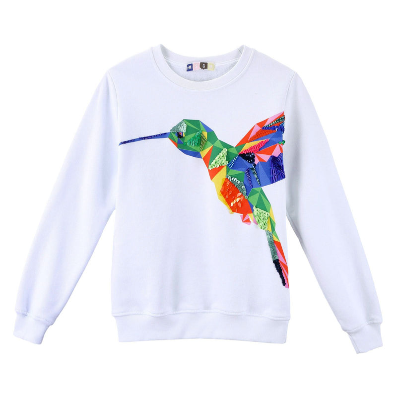 Girls White Sweatshirt With Multicolor Bird Print Trims - CÉMAROSE | Children's Fashion Store - 1