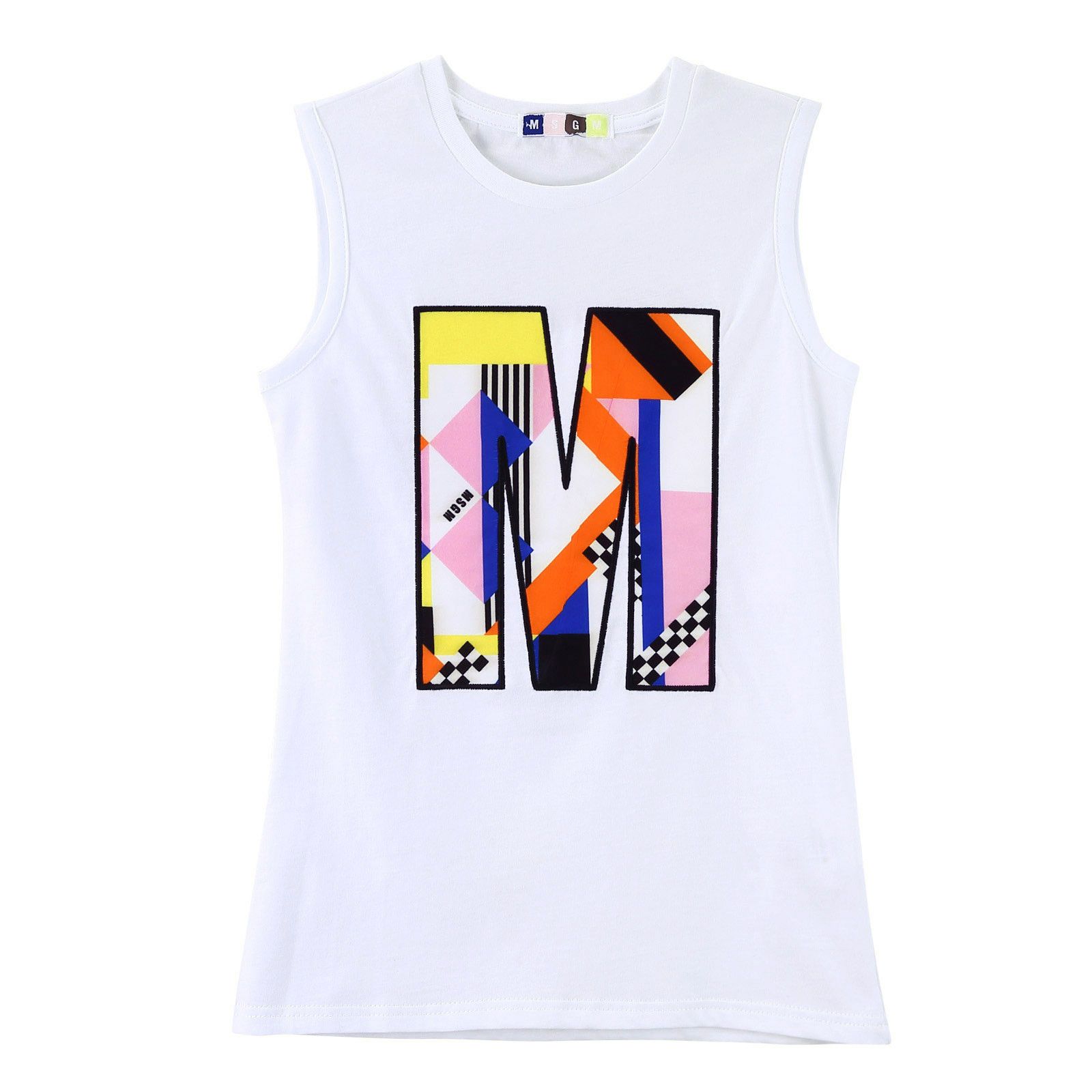 Girls White Jersey Vest With Multicolor 'M' Print Logo - CÉMAROSE | Children's Fashion Store - 1
