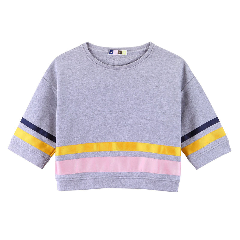 Girls Grey Cotton Sweatshirt With Gold&Pink Stripe - CÉMAROSE | Children's Fashion Store - 1
