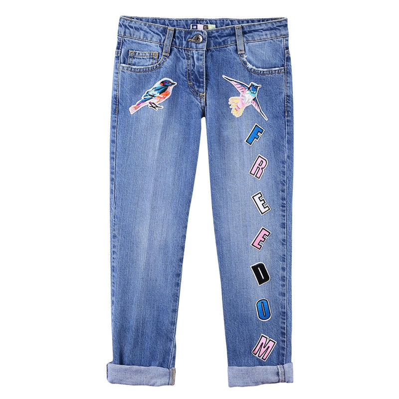 Girls Blue Patch Birds Trims Cotton  Denim Jeans - CÉMAROSE | Children's Fashion Store - 1