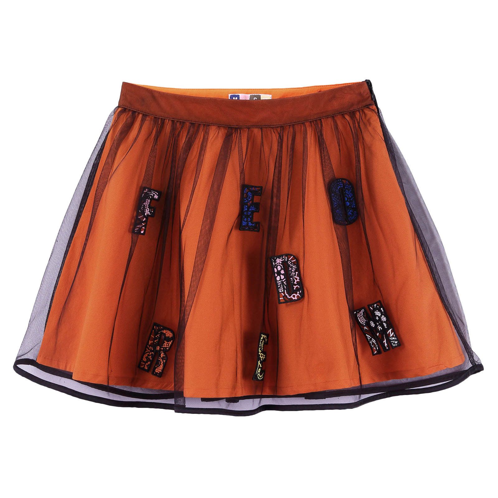 Girls Orange&Black Cotton Skirt With Multicolor 'Freedom‘ Logo - CÉMAROSE | Children's Fashion Store - 1