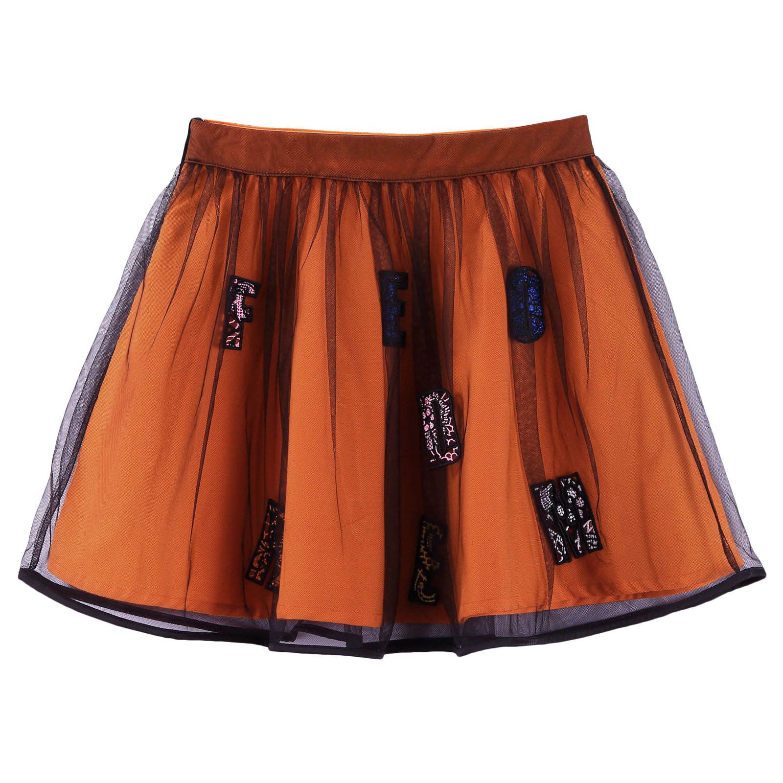 Girls Orange&Black Cotton Skirt With Multicolor 'Freedom‘ Logo - CÉMAROSE | Children's Fashion Store - 2