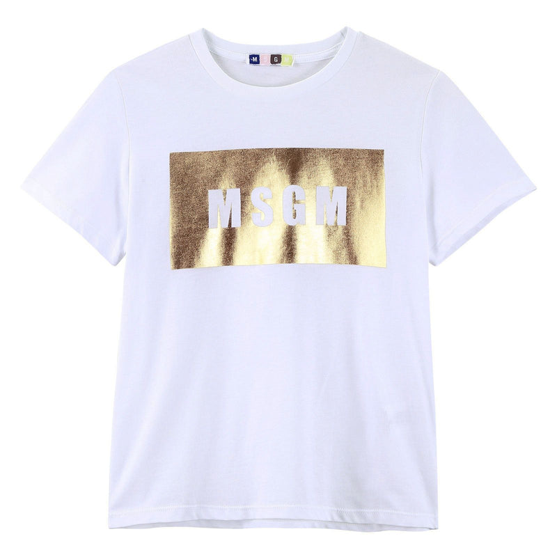 Girls White Cotton Jersey T-Shirt With Gold Brand Logo - CÉMAROSE | Children's Fashion Store - 1